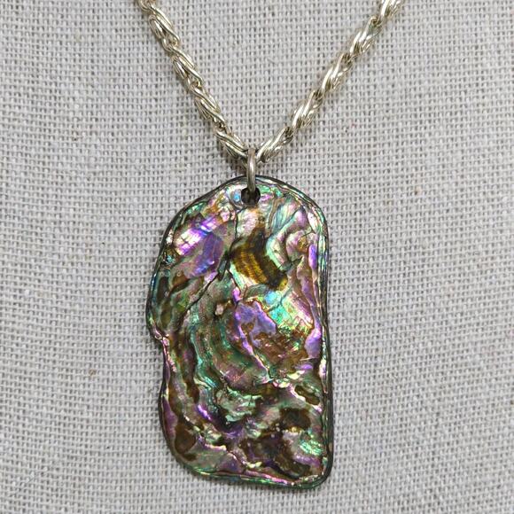 Pink Green Abalone Mother of Pearl Shell Pendant 24" Chain Necklace Beachcore - Picture 9 of 16